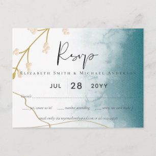 Moderne Misty Blue Gold Wedding Postkarte
