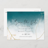 Moderne Misty Blue Gold Wedding Postkarte (Vorne/Hinten)