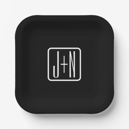Moderne Mit Monogramm Initialen | Schwarz und Weiß Pappteller (Vorderseite)