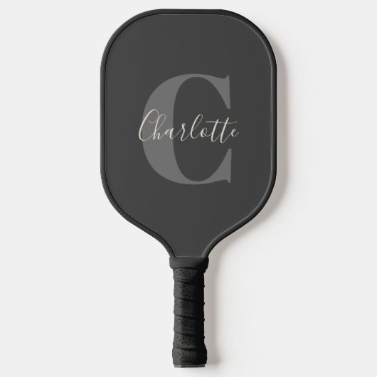 Moderne Mit Monogramm Kalligrafie Schwarz Grau Pickleball Schläger (Vorderseite)
