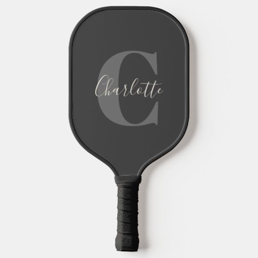 Moderne Mit Monogramm Kalligrafie Schwarz Grau Pickleball Schläger (Rückseite)