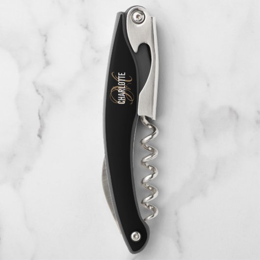 Moderne mit Monogramm Kellnerkorken aus schwarzem  Kellnermesser (Rückseite)