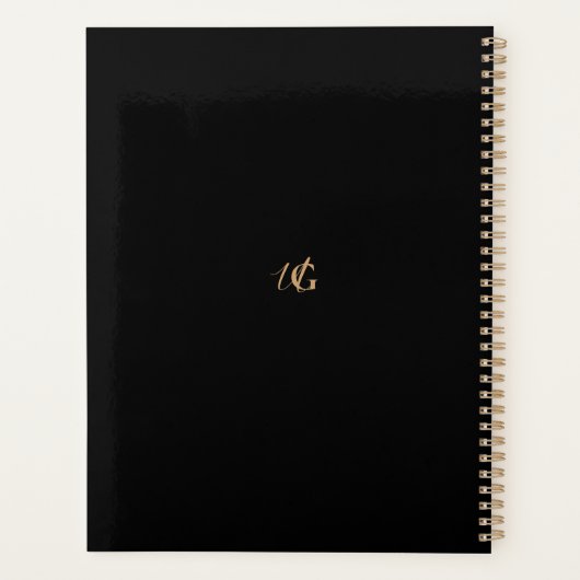 Moderne Mit Monogramm Schwarz- und Gold-Script Planer (Rückseite)