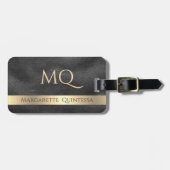 Moderne Mit Monogramm Shiny Black Leather Gold Gepäckanhänger (Vorderseite horizontal)