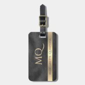 Moderne Mit Monogramm Shiny Black Leather Gold Gepäckanhänger (Vorderseite vertikal)
