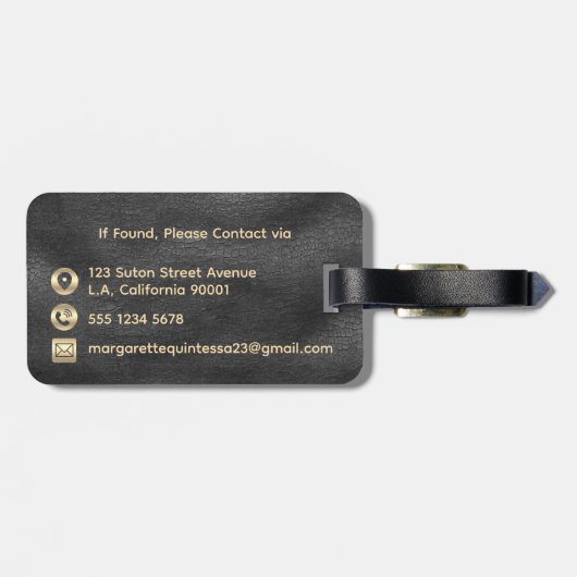 Moderne Mit Monogramm Shiny Black Leather Gold Gepäckanhänger (Rückseite horizontal)