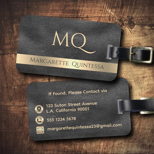 Moderne Mit Monogramm Shiny Black Leather Gold Gepäckanhänger