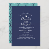 Moderne Mittelmeer Bridal Romantic Tiles Navy Einladung (Vorne/Hinten)