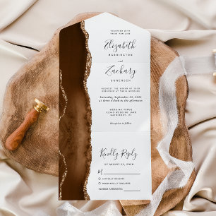 Moderne Mocha-Braun-Gold-Achat-Hochzeit All In One Einladung