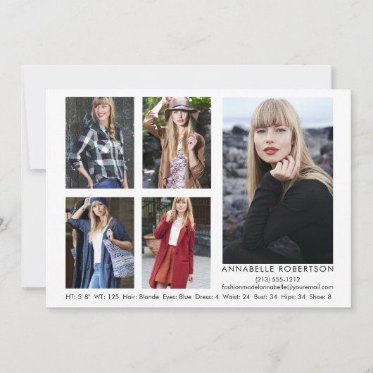 Moderne Modell Actor QR Code Back 5 Foto Comp Card Einladung (Vorderseite)