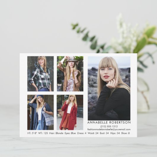 Moderne Modell Actor QR Code Back 5 Foto Comp Card Einladung (Stehend Vorderseite)