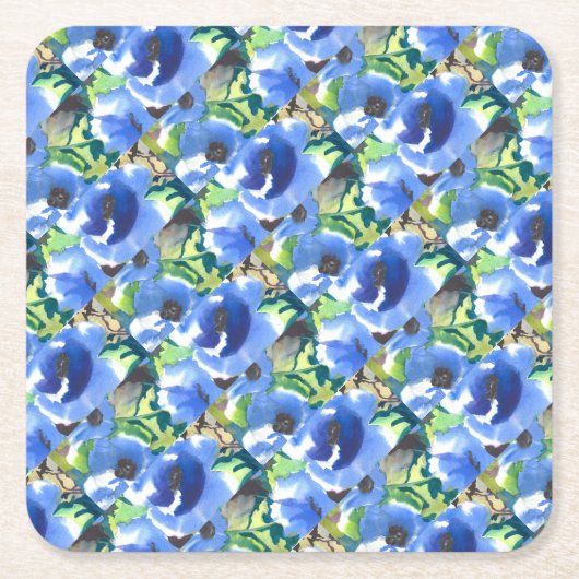 Moderne Mohnblume in blau und grün Muster Rechteckiger Pappuntersetzer (Vorderseite)