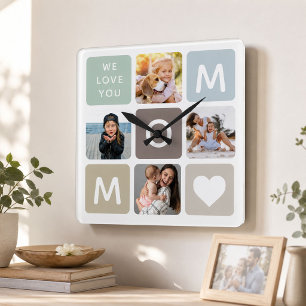 Moderne MOM Foto-Collage Muttertag Cute Familie Quadratische Wanduhr