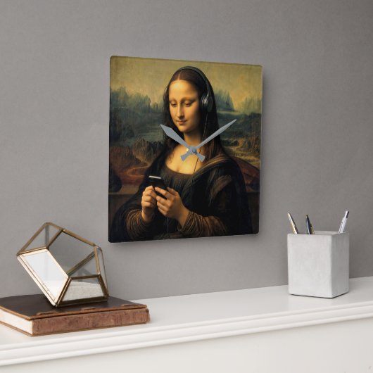 Moderne Mona Lisa mit Smartphone Quadratische Wanduhr (Büro)