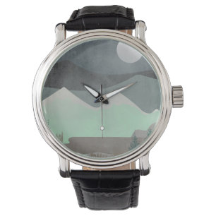 Moderne Mond- und Berg-Abstrakte Landschaftskunst Armbanduhr