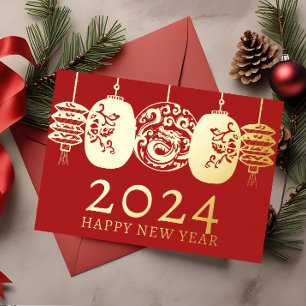 Moderne Mondneujahrs-Gold-Drache-Laterne Folien Feiertagskarte