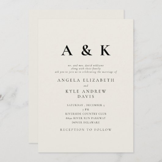 Moderne Mongram Beige Hochzeit Einladung (Vorne/Hinten)