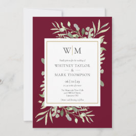 Moderne Mongram Burgundy Greenerity Wedding Einladung