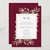 Moderne Mongram Burgundy Greenerity Wedding Einladung (Vorne/Hinten)