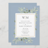 Moderne Mongram Dusty Blue Greenerity Wedding Einladung (Vorne/Hinten)