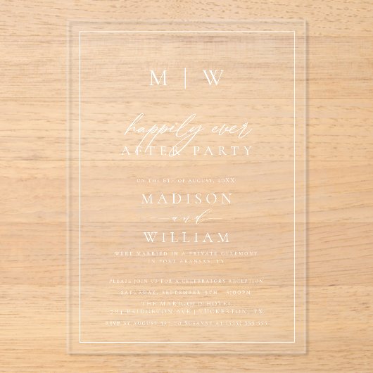 Moderne Mongram Elopement Hochzeit Acryleinladungen (Vorderseite)