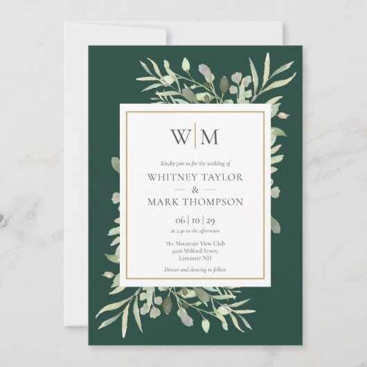 Moderne Mongram Emerald Greenerity Wedding Einladung (Vorderseite)