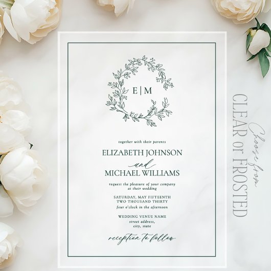 Moderne Mongram-Hochzeit des Smaragdgrünen Wappen Acryleinladungen