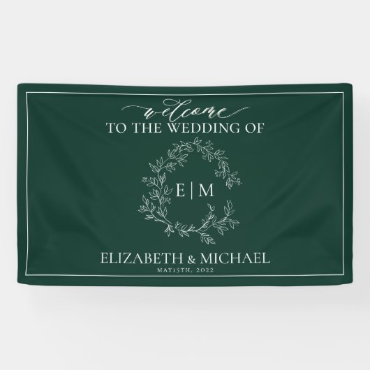 Moderne Mongram-Hochzeit des Smaragdgrünen Wappen Banner (Horizontal)