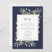 Moderne Mongram Navy Blue Greenerity Wedding Einladung (Vorderseite)