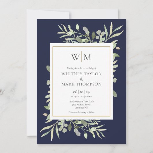 Moderne Mongram Navy Blue Greenerity Wedding Einladung (Vorderseite)