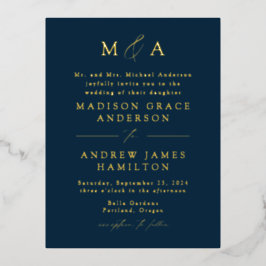 Moderne Mongram Navy und Gold Wedding Folie Einladungspostkarte