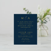 Moderne Mongram Navy und Gold Wedding Folie Einladungspostkarte (Stehend vorne)