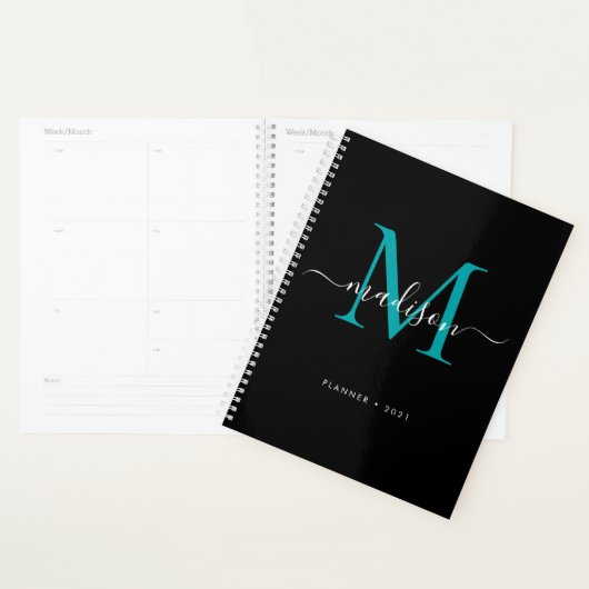 Moderne Monogram Black Aquamarin Green Girly Scrip Planer (Anzeige)