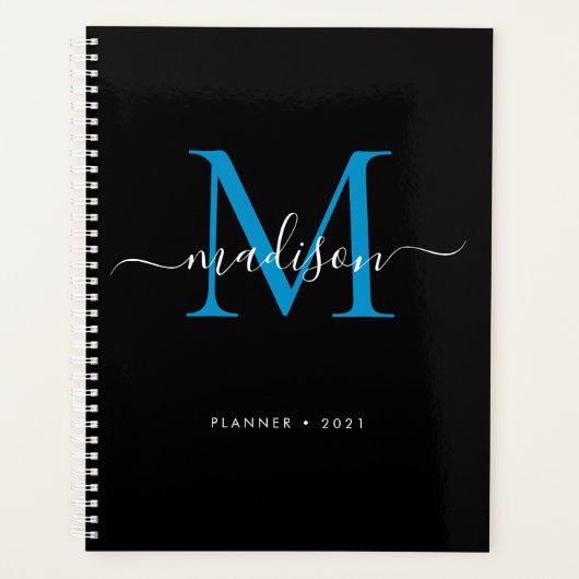 Moderne Monogram Black Blue Girly Script Name 2021 Planer (Vorderseite)