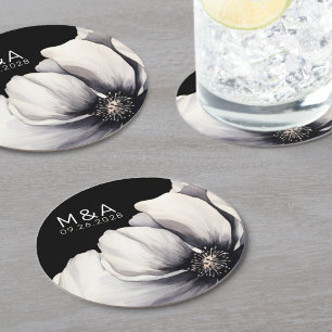 Moderne Monogram Black Floral Wedding Runder Pappuntersetzer