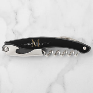 Moderne Monogram Black Gold Elegante Script Name Kellnermesser