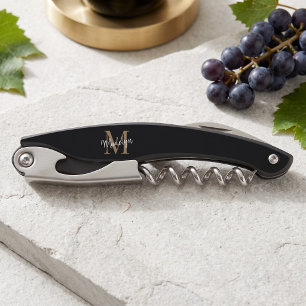 Moderne Monogram Black Gold Elegante Script Name Kellnermesser