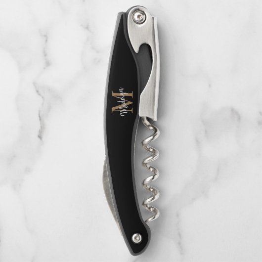 Moderne Monogram Black Gold Elegante Script Name Kellnermesser (Rückseite)