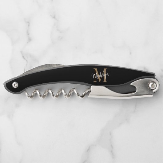 Moderne Monogram Black Gold Elegante Script Name Kellnermesser (Rückseite)