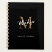 Moderne Monogram Black Gold Elegante Script Name Planer (Vorderseite)