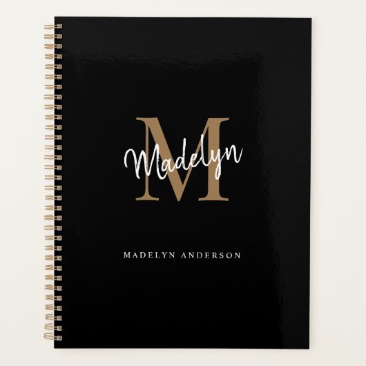 Moderne Monogram Black Gold Elegante Script Name Planer (Vorderseite)