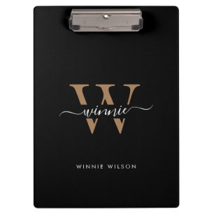 Moderne Monogram Black Gold Minimal Script Name Klemmbrett