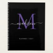 Moderne Monogram Black Lila Girly Script 2021 Planer (Vorderseite)