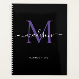 Moderne Monogram Black Lila Girly Script 2021 Planer