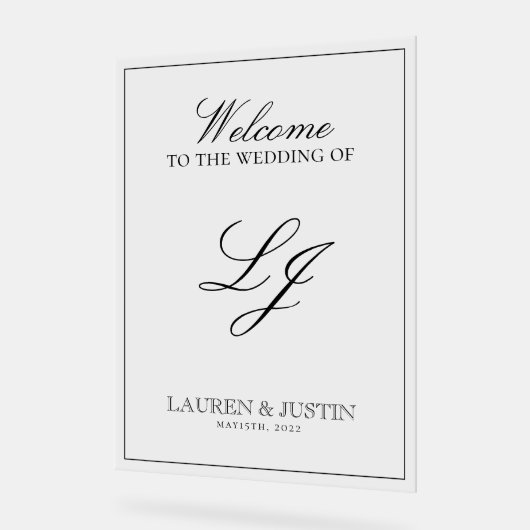 Moderne Monogram Black & White Script Willkommen Acrylschild (Winkel)