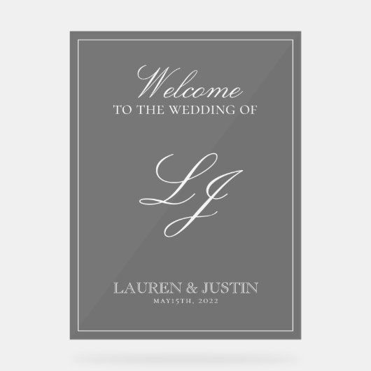 Moderne Monogram Black & White Script Willkommen Acrylschild (Vorderseite)