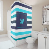 Moderne Monogram Blue Aquamarin Stripes Duschvorhang (Beispiel)
