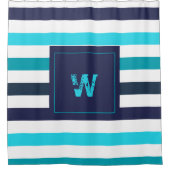 Moderne Monogram Blue Aquamarin Stripes Duschvorhang (Vorderseite)