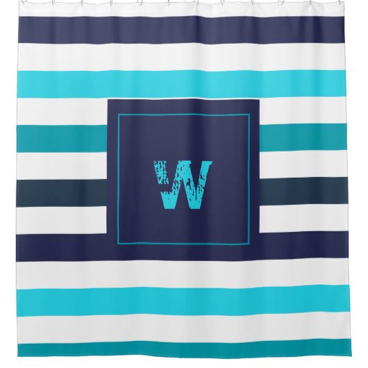 Moderne Monogram Blue Aquamarin Stripes Duschvorhang (Vorderseite)