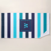 Moderne Monogram Blue Aquamarin Stripes Strandtuch (Vorderseite)
